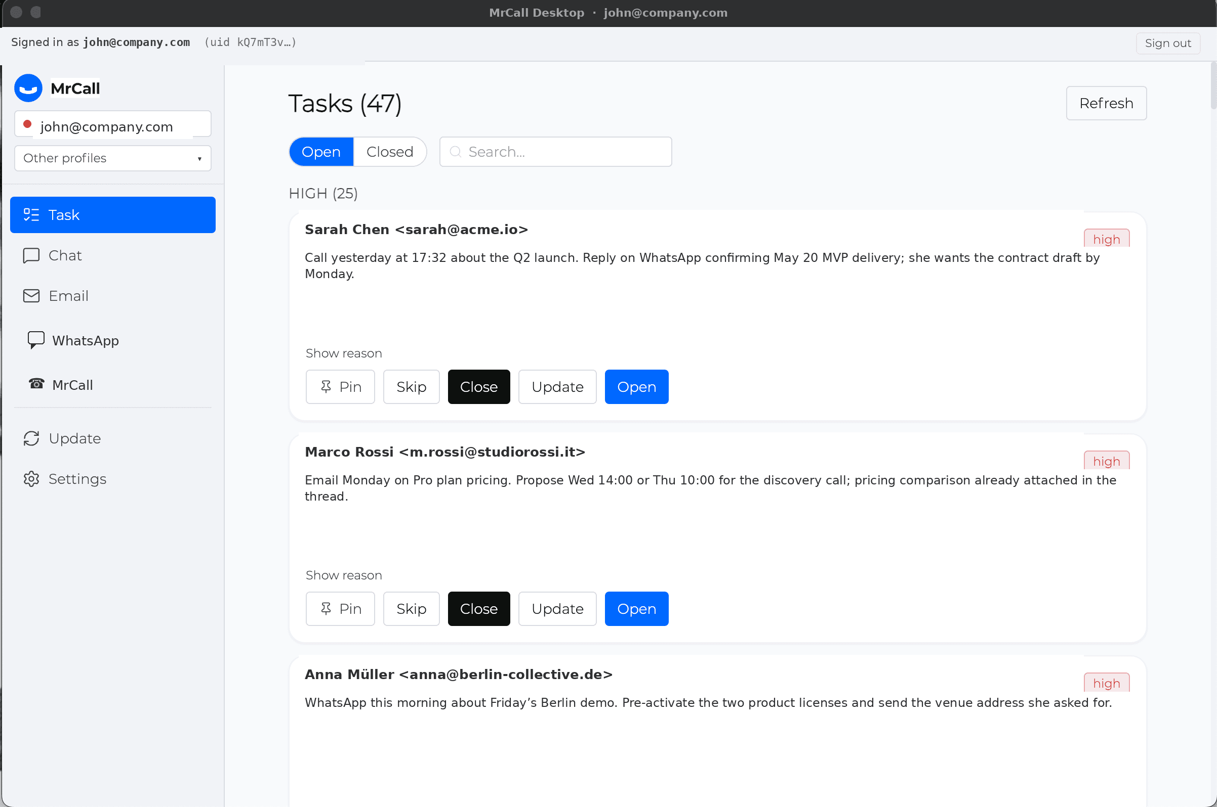 MrCall Desktop tasks view